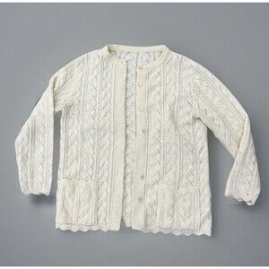 Vintage Ivory Cable Knit Cardigan Women Medium 19x26 Cottagecore Grandpa Core